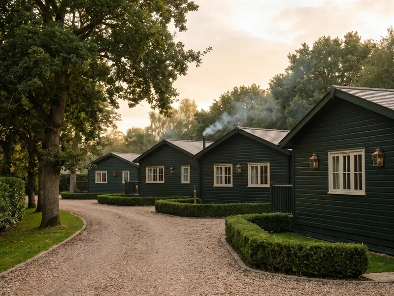 A quiet gravel drive past a small cluster of holiday lodge homes in the late afternoon
