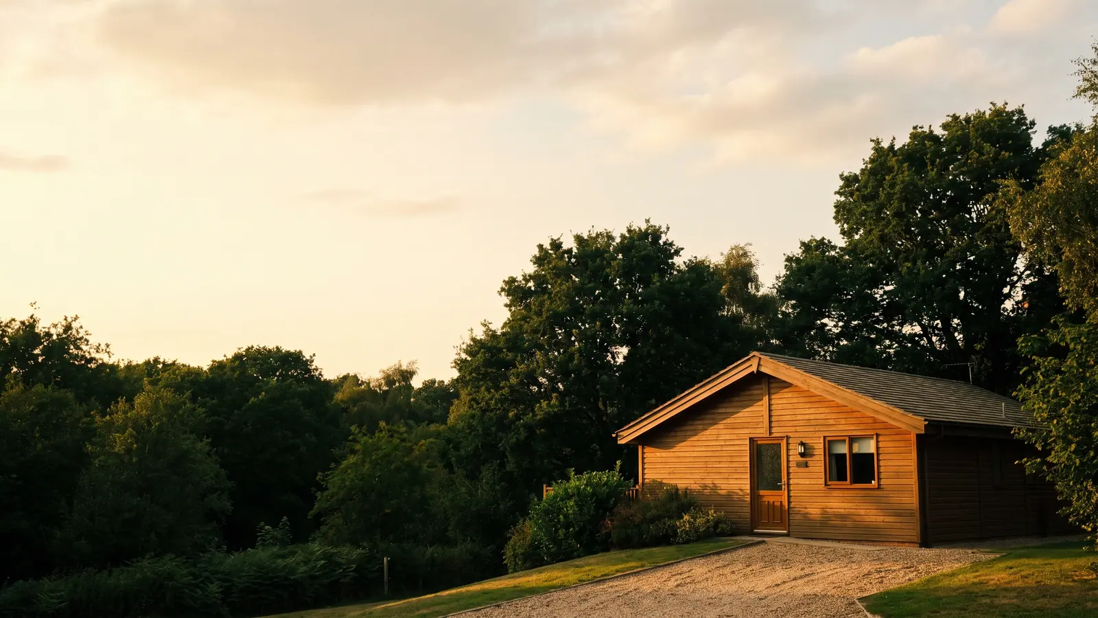 A timber-clad holiday lodge home set among trees on a quiet UK park at golden hour