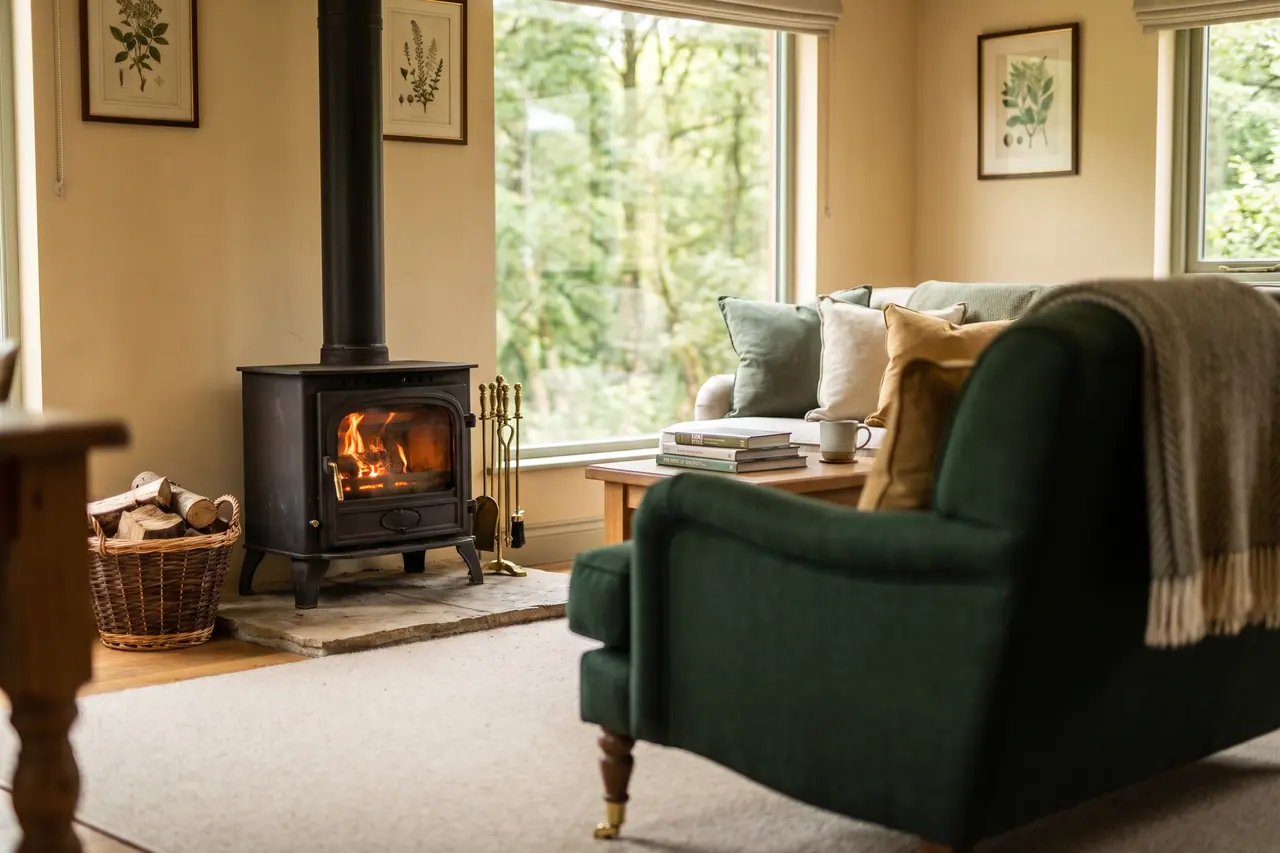 A warmly lit lounge interior inside a UK holiday lodge home
